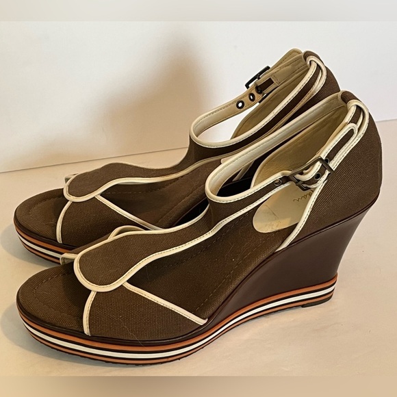Cole Haan G Series Brown Canvas Stripes Peep Toe Wedge Heel Sandal - Picture 10 of 17